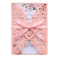 Laser cut heart wedding invitation in pale pink with satin bow and floral insert card - Pink