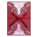 Macro detail of laser-cut burgundy invitation with red ribbon and floral Quinceañera card - Dark Red