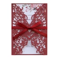 Laser cut burgundy wedding invitation with heart floral pattern and silk ribbon bow - Dark Red