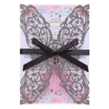 Détail macro du faire-part papillon pailleté argenté avec ruban de satin noir - Gris Pailleté 51#