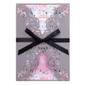 Detail view of laser-cut silver glitter invitation with a black satin bow and floral insert - Silver Charcoal
