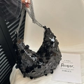 Modische schwarze Pailletten-Halbmondtasche mit silberner Kette für Damen - Schwarz