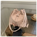 Detail of pink pleated bucket bag with Fashion & Bags text and silver chain strap - No Pendant / Pink
