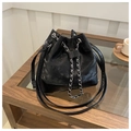 Retro black bucket bag with chain drawstring and FASHION & BAGS print text - No Pendant / Black