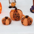 Three orange and black lace fabric pumpkins with maple leaf decor for Halloween party - Spider Web Pattern Set (T1230118) / Set of 3