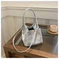 Silver mini bucket bag with metallic texture, drawstring closure and dual straps - Gray