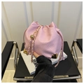 Pink drawstring bucket bag with textured leather, gold chain, and metal accents - Bucket Type / Pink Without Pendant