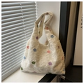 Borsa tote in tela bianca con ricami floreali colorati e manici lunghi a tracolla - Stile Ricamo Floreale Colorato / Beige