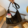 Large black pleated hobo shoulder bag with a cute white rabbit plush pendant detail - Black With Rabbit Pendant