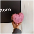 Elegant heart-shaped evening bag with pink rhinestones and a gold metal chain strap - Pink