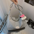 Light blue-grey nylon crossbody bag with cute white bear charm and DAXIESI logo - Silver With Pendant
