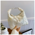 Bolso de mano blanco crema de estilo chino moderno con motivos florales y colgantes perla - Estilo Pabellón Floral / Blanco Roto