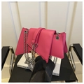Bright pink geometric hourglass shoulder bag with silver metal chain straps for women - Rose Pink