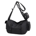 Black large capacity nylon messenger bag with adjustable strap and small round coin pouch - Black Large