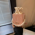 Pink cube bucket bag with white drawstring liner and elegant pearl top handle - Pink