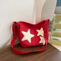 Bolso tote de lona roja con estrellas de felpa blancas para uso diario casual - Rojo