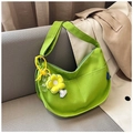 Green canvas crescent bag with shoulder strap and yellow flower charm decoration - Green With Pendant