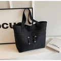 Minimalist black canvas tote bag with functional double front zipper pockets - Black
