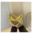 Elegante borsa da sera con paillettes dorate con manici sottili in pelle e zip - Oro