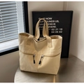Minimalist beige canvas tote bag with dual front zipper pockets and wide fabric handles - Khaki