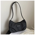 Minimalist black pleated nylon shoulder bag with moon shape and fashion label - Black