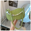 Light green pleated leather handbag with elegant pearl chain and silver heart charm - Green