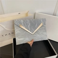 Silver metallic pleated envelope clutch bag with gold V-shaped buckle hardware - Silver