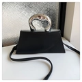 Minimalist black matte leather trapezoid bag with contrast silver metal handle and strap - Black