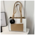 Fashion tote bag with white and gray diamond pattern and brown synthetic leather handles - With Pendant / Khaki