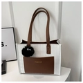 White and brown contrast tote bag with diamond pattern, fashion charm, and outer pocket - With Pendant / Brown