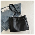 Detail of black PU leather tote bag featuring silver chain straps and front pockets - Standard Type / Black