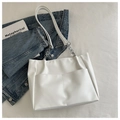 Detail of white PU leather shoulder bag with silver chain straps and front pocket - Standard Type / White