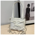 Creamy white chic shoulder bag featuring elegant 3D bow accents and silver bead chain strap - White