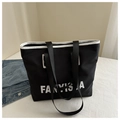 Lightweight black nylon tote bag with white FANYISSA text and contrast trim details - Black