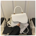 Elegant white saddle bag with woven handle and gold hardware for women - White