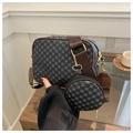 Navy blue vintage square crossbody bag with plaid geometric print and round coin purse - Black
