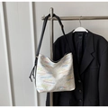 Fashionable white crossbody tote bag with colorful embroidery and black leather strap - Off White