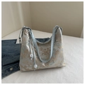 Bolso tote beige minimalista con estampado de paisaje chino y correas azules - Azul