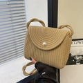 Borsa a tracolla in paglia beige con fibbia a perla e tracolla in corda intrecciata - Stile di base / Cachi