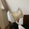 Borsa a spalla bianca in ecopelle con stampa floreale e catena metallica argento - Grigio