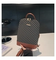 Detail shot of vintage patterned backpack with leather trim and gold JINGPIN metal logo - Brown