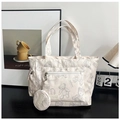 Grande borsa tote beige con stampa orsetto grigio e portamonete rotondo abbinato - Bianco