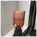 Vertical brown faux leather phone crossbody bag with dark grey metal chain strap - Brown