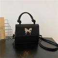 Minimale schwarze quadratische Handtasche mit silbernem Schmetterling und Knotengriff - Schwarz