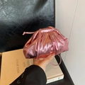 Metallic pink pleated cloud clutch bag with drawstring strap in glossy leather finish - Pink