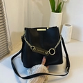 Classic black bucket bag with golden chain and faux leather texture for women - Black