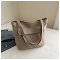 Detail of canvas tote bag featuring front flap pocket and durable silver metal snap button - Khaki