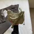 Olive green pleated shoulder bag with pearl chain strap and ruffled handle detail - Green