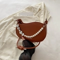 Brown heart-chain baguette bag with pearl detail and fashion leather knot strap - Brown