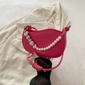 Chic magenta crescent handbag with pearl chain and silver heart charms for women - Rose Pink